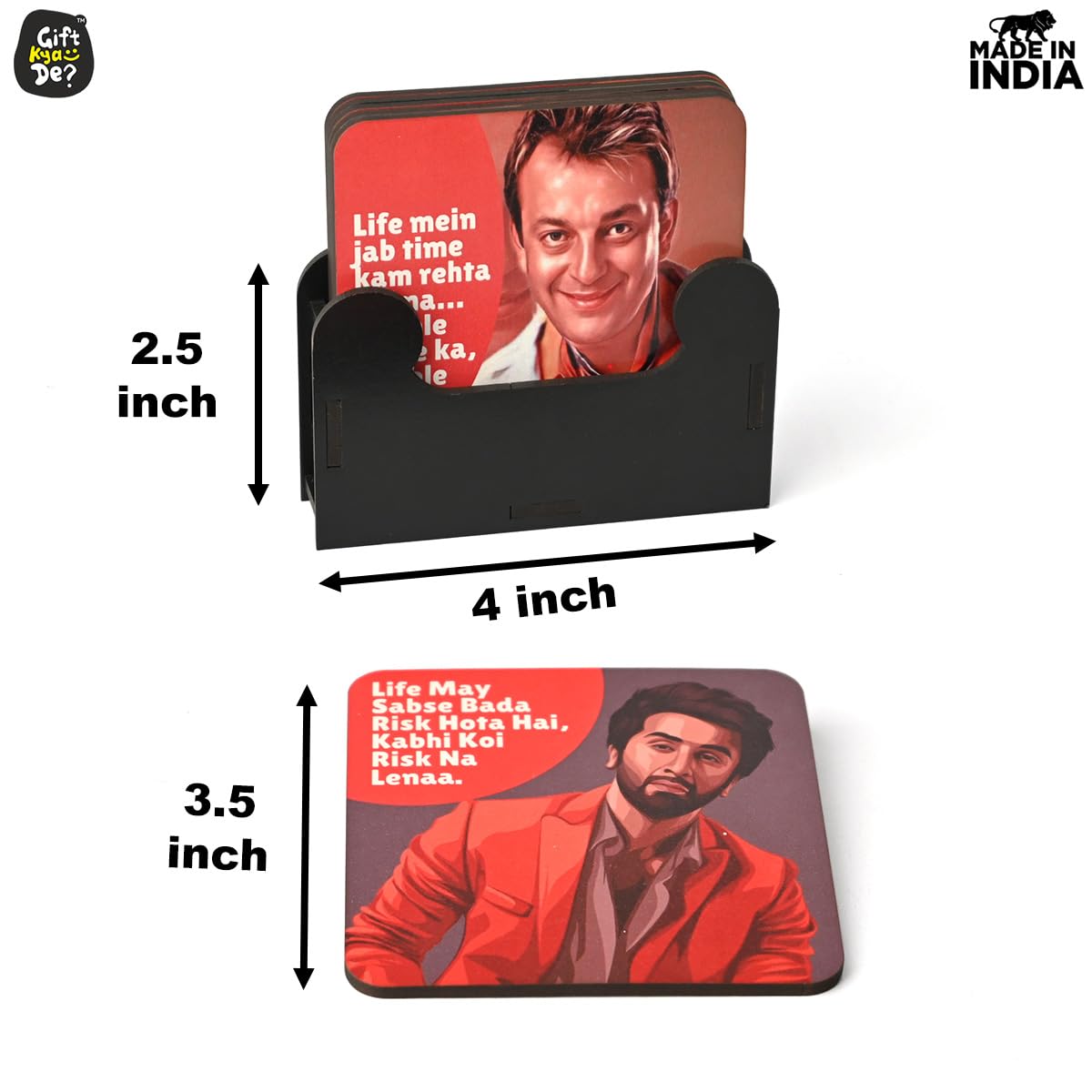 6-Piece Multi-Color Wooden Coaster Set with Stand - Eco-Friendly Square Coasters for Tea, Coffee & Glasses - Perfect for Home, Office & Restaurant Use (Bollywood Design)