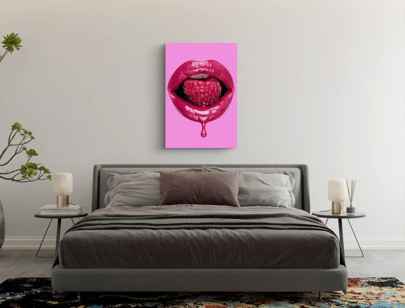 Fuchsia Lips Wall Art - Purple & Red Lips with Raspberry Sweet Artwork - Modern Framed Wall Decor Print (24x36 Inches) - Perfect Gift for Women, Girls - Ideal for Home, Office, Bedroom & Living Room Decor