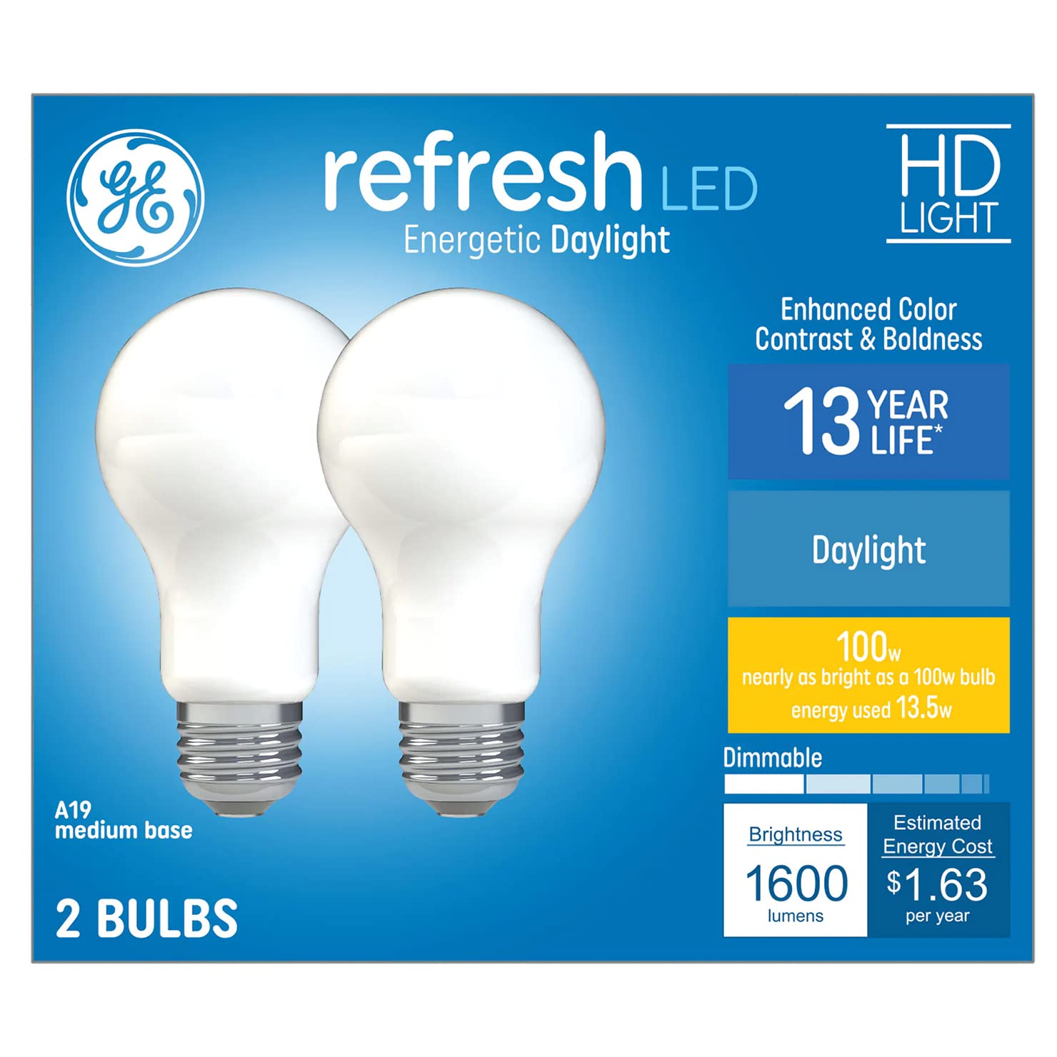 GE Refresh 100-Watt Equivalent A21 Daylight LED Light Bulb (2-Pack) - Dimmable, Energy Efficient - Perfect for Living Rooms, Kitchens & Workspaces