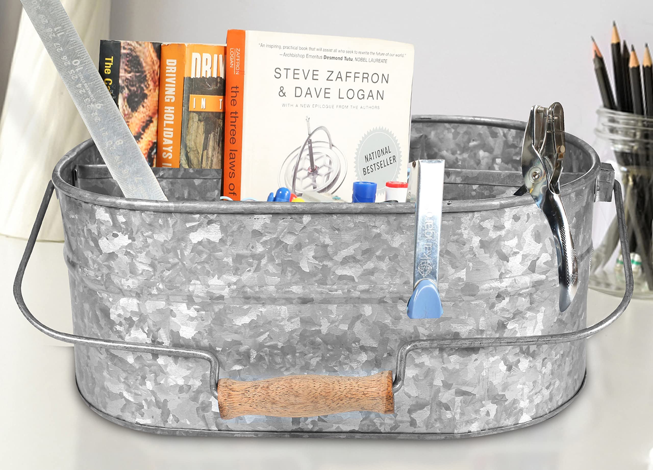 Rustic Farmhouse Metal Storage Caddy with Wooden Handle - 4 Compartment Galvanized Organizer for Kitchen Utensils, Picnic Supplies & Garden Tools - Hammered Antique Grey Finish - Perfect for Home, Office & Outdoor Use