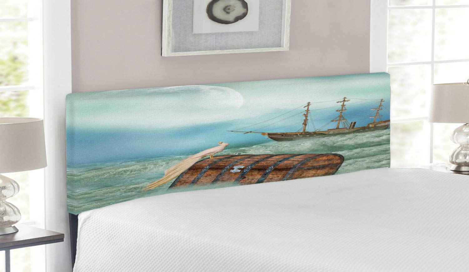 Ambesonne Queen Size Upholstered Headboard with Memory Foam - Antique Pirate Boat & Ocean Waves Fantasy Design in Mint Green & Pale Caramel | Decorative Metal Bed Frame for Coastal, Nautical or Fantasy Themed Bedrooms