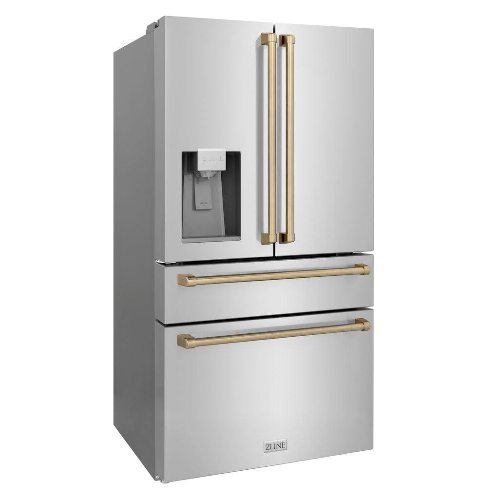 ZLINE Autograph Edition 36-Inch Counter Depth French Door Refrigerator - 21.6 cu.ft Capacity, Fingerprint Resistant Stainless Steel with Champagne Bronze Handles, Built-In Water and Ice Dispenser (RFMZ W 36 CB) - Perfect for Modern Kitchens, Open-Concept Homes, and Gourmet Cooking Spaces