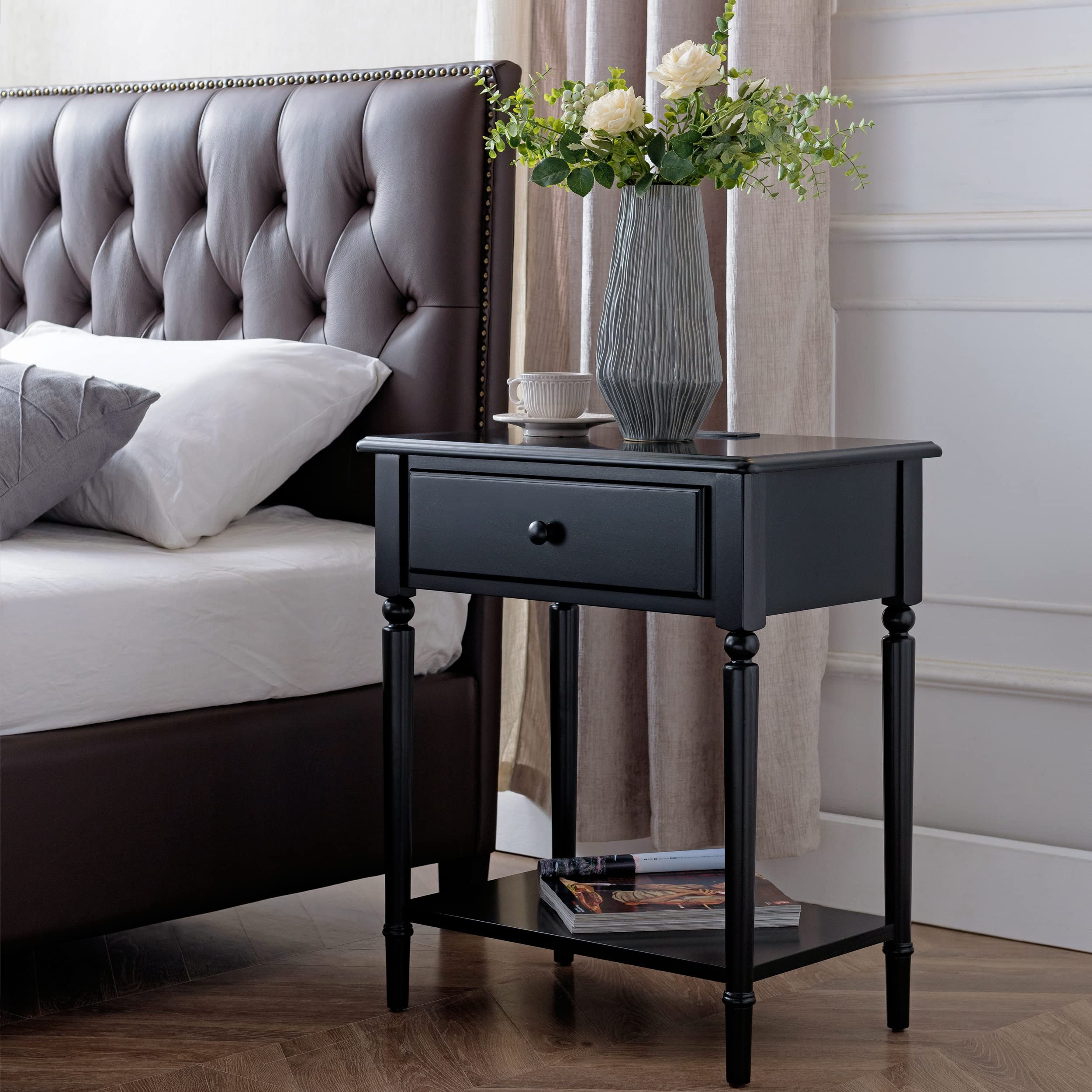 Coastal Nightstand with USB-C Fast Charging Station - Solid Wood Swan Black Side Table for Bedroom, Living Room & Small Spaces - Modern End Table with Storage Shelf - Perfect for Charging Devices & Organizing Essentials - Leick Home 20022-BK