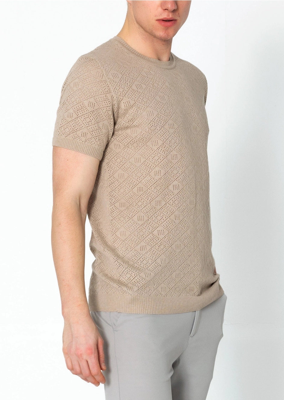 RNT23 Geometric Crochet T-Shirt for Women - Stylish Stone Wash Cotton Top for Casual Wear & Summer Outfits