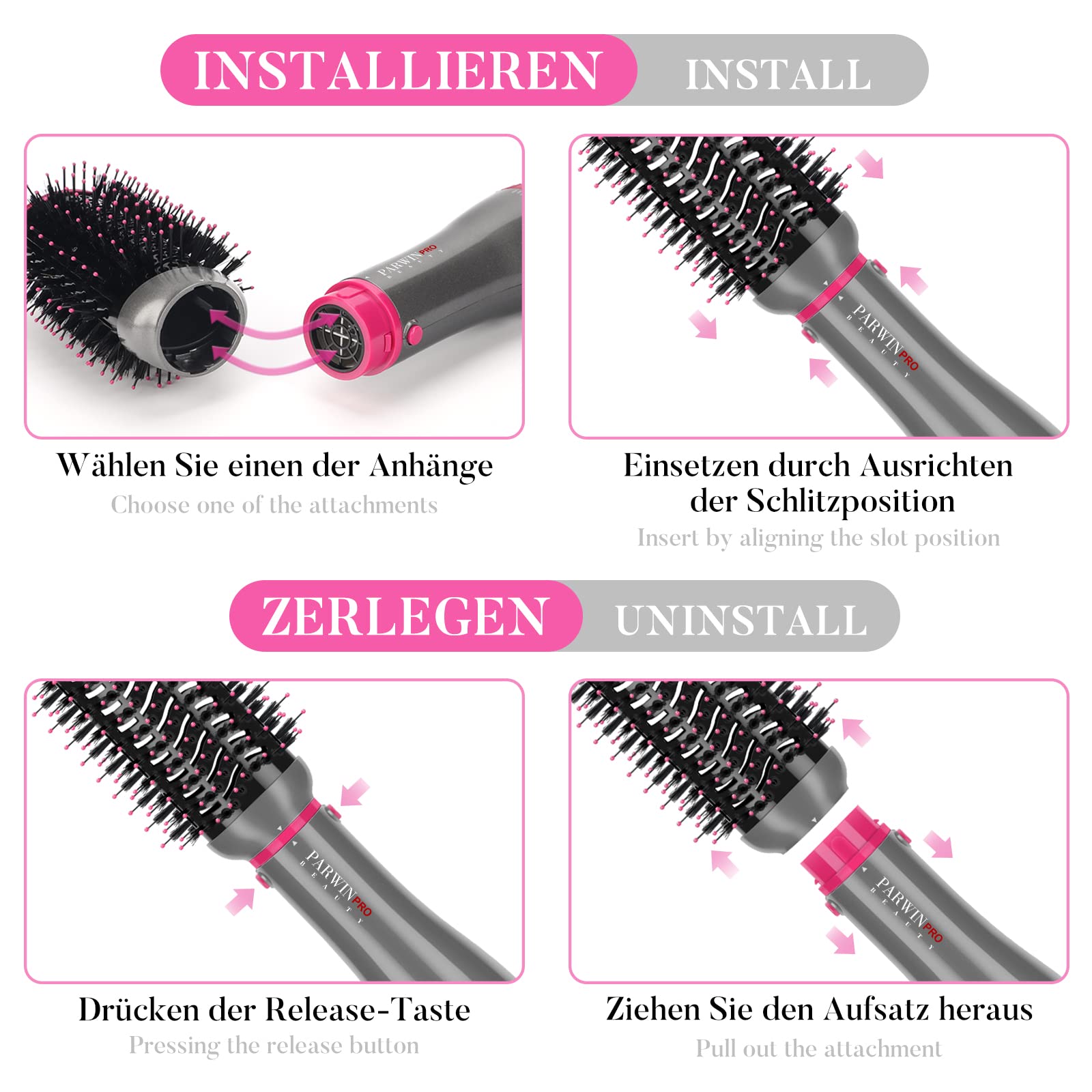 PARWIN PRO BEAUTY 4-in-1 Ionic Hair Dryer Brush Set with Hot Air Styler, Diffuser & Frizz-Free Attachments - 1000W for Salon-Quality Blowouts at Home - Perfect for Daily Styling, Curly Hair Care & Travel Use