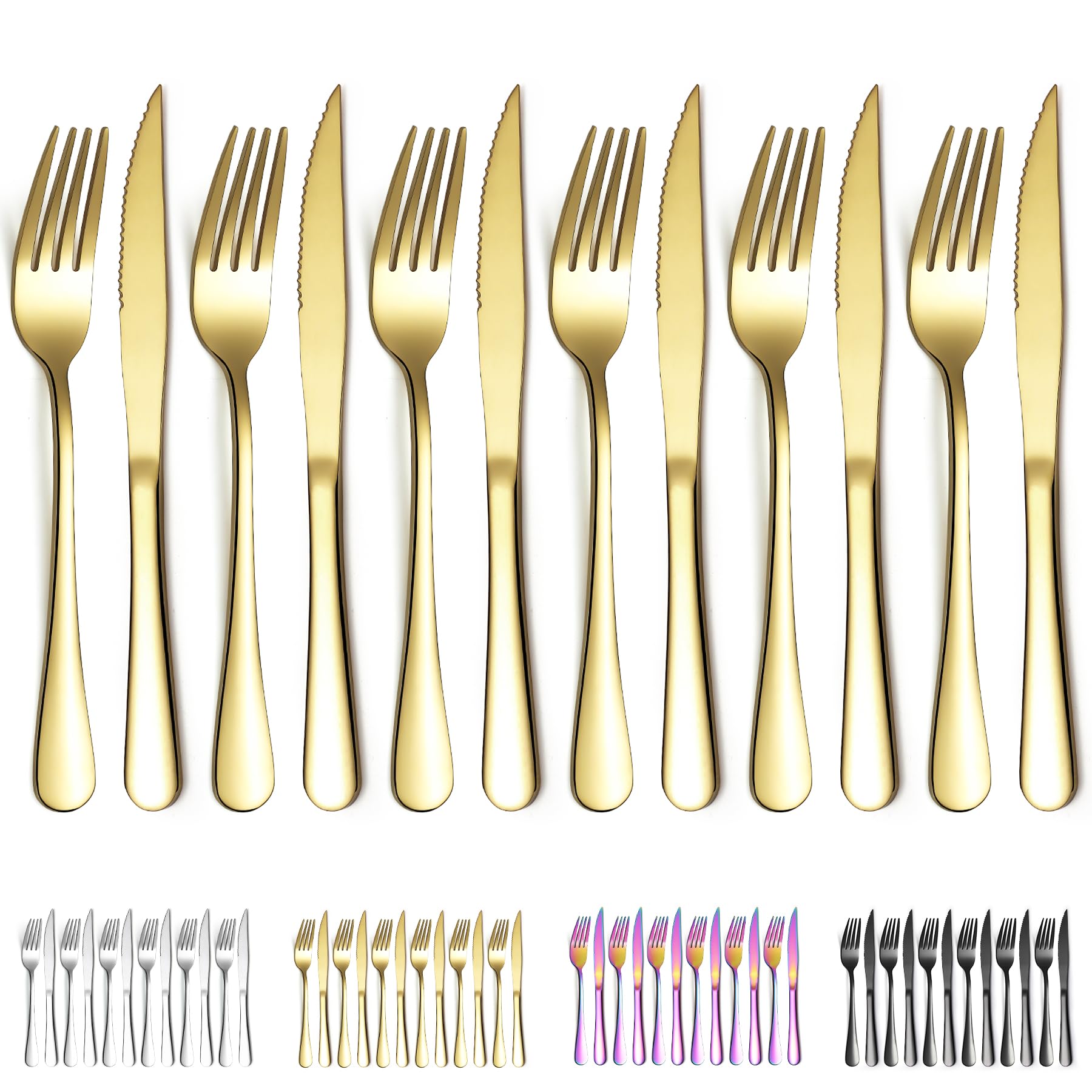 Premium 12-Piece Gold Steak Knives Set - 6 Titanium-Plated Stainless Steel Dinner Knives & 6 Forks - Dishwasher Safe Cutlery for Steak, BBQ, and Fine Dining