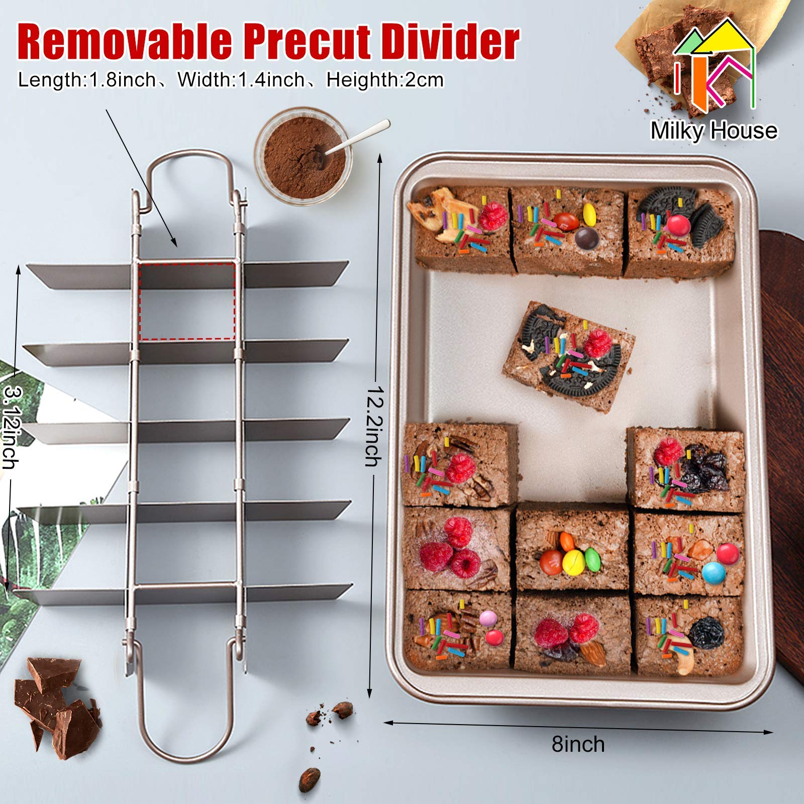 Non-Stick Brownie Baking Pan with Dividers & Slicers - 12x8 Inch Rectangular Oven Safe Baking Tray with 18 Pre-Cut Molds for Perfect Brownies, Cakes & Bread - Ideal for Home Baking, Parties & Gifts - Dishwasher Safe