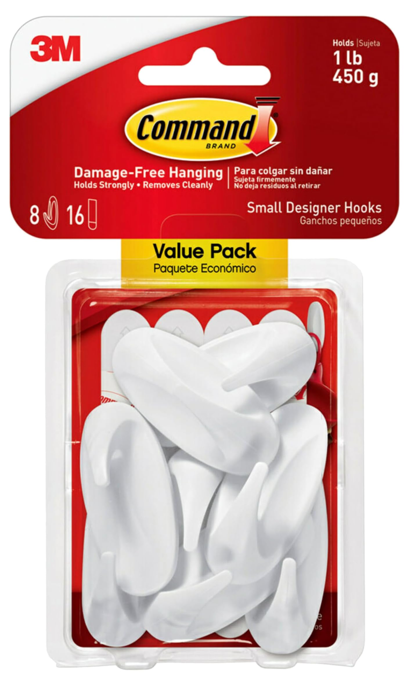 Command Small Designer Hooks - 16 Damage-Free Wall Hooks (2-Pack of 8) with 32 Adhesive Strips, Holds 1 lb - Perfect for Hanging Decorations, Photos & Lightweight Items in Living Rooms, Bedrooms & Offices