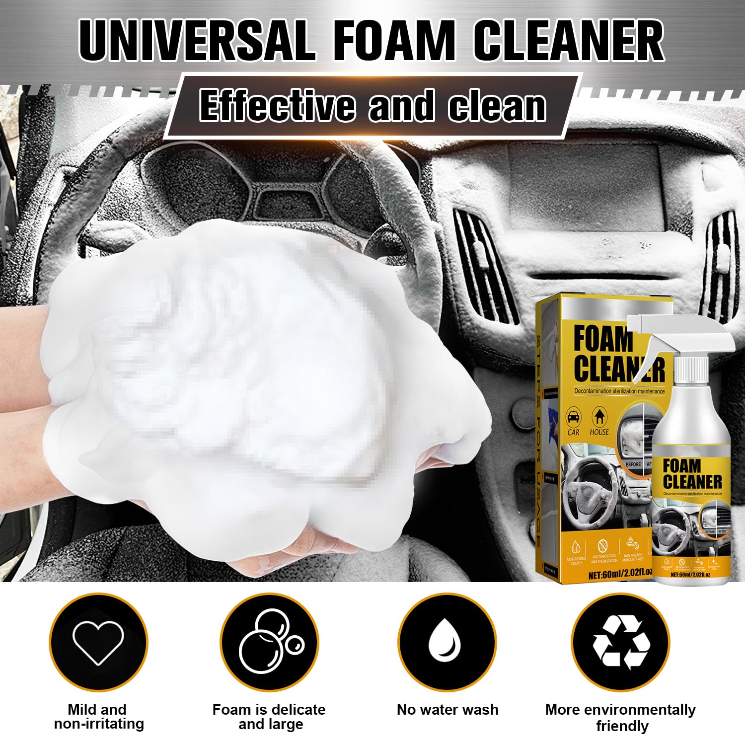 **Multi-Purpose Foam Cleaner for Cars & Upholstery - All-in-One Interior Car Seat Cleaner & Refresher (2-Pack) - Perfect for Deep Cleaning Car Seats, Sofas & Home Furniture**