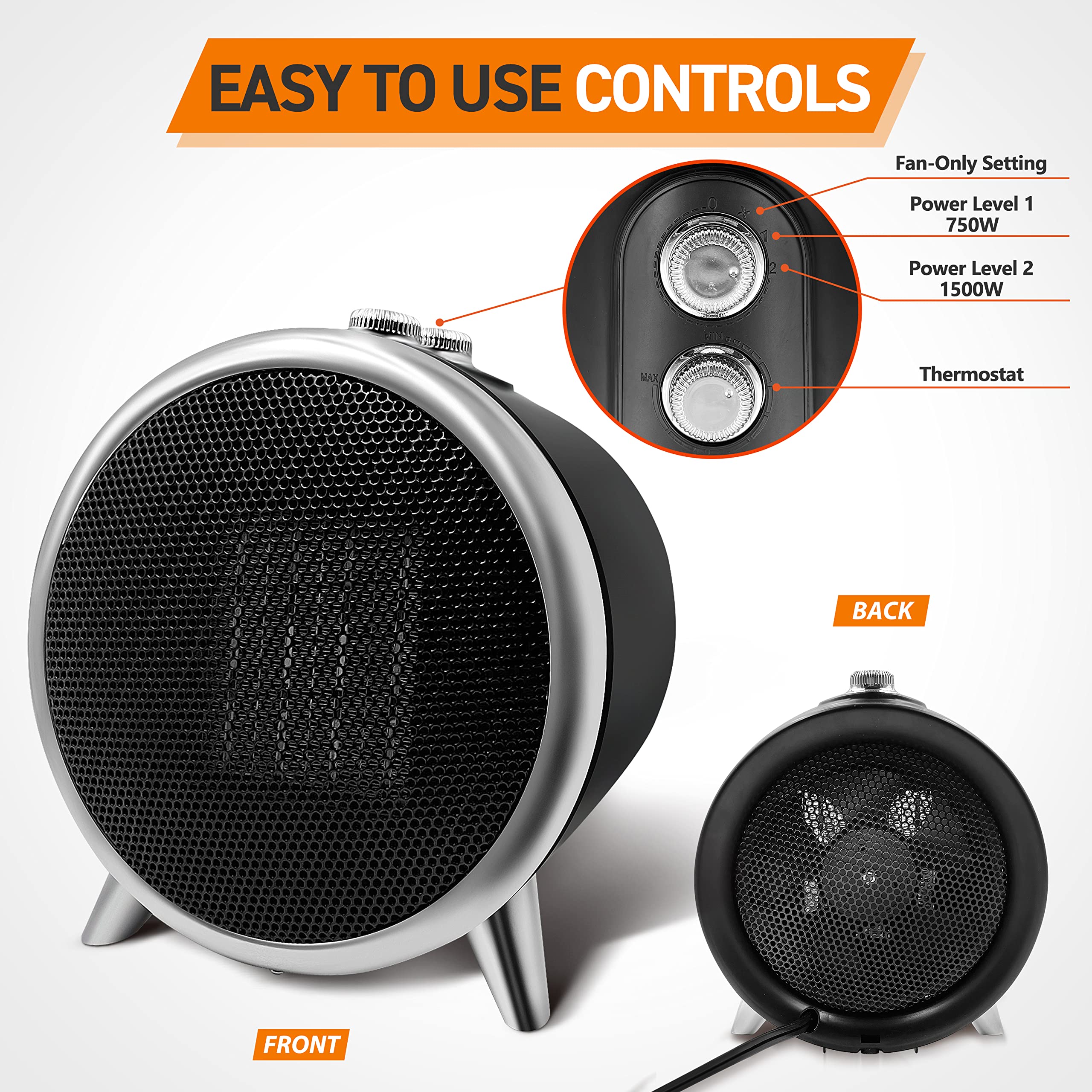 1500W Portable Electric Space Heater with Thermostat - Fast Heating Indoor Heater for Bedroom, Office & Desktop Use - Overheat Protection & Safety Tip-Over Switch - Black