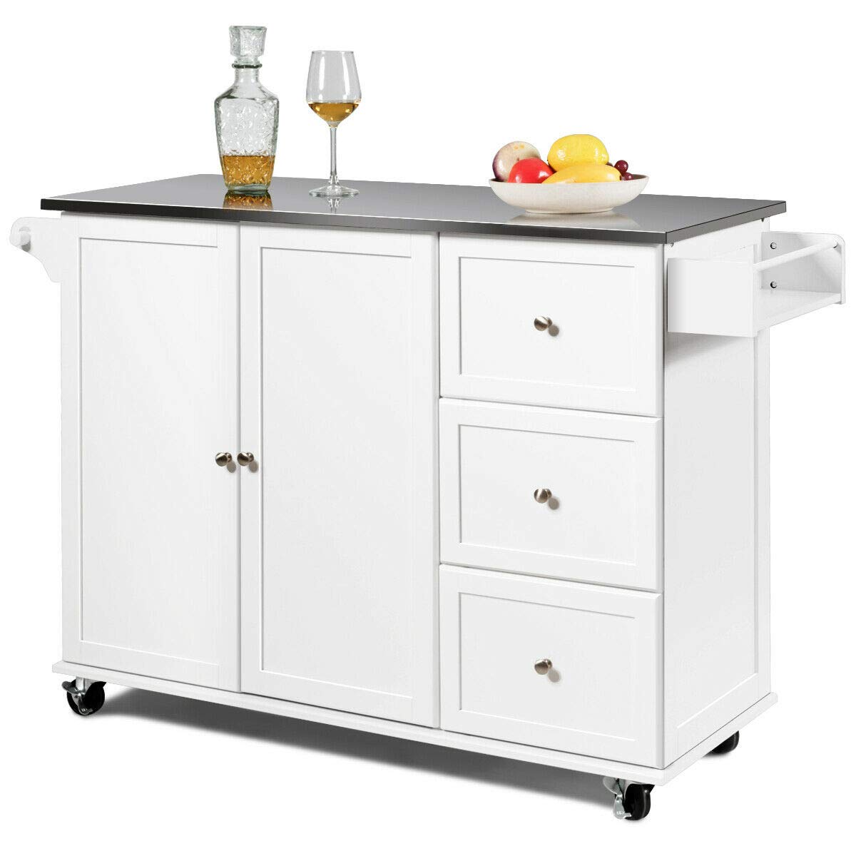 **Portable Rolling Kitchen Island Cart with 2 Doors, 3 Drawers & Spice Rack - Stainless Steel Countertop Organizer for Utensils, Dishware & Kitchen Essentials - Perfect for Small Kitchens, Dining Rooms & Mobile Serving**
