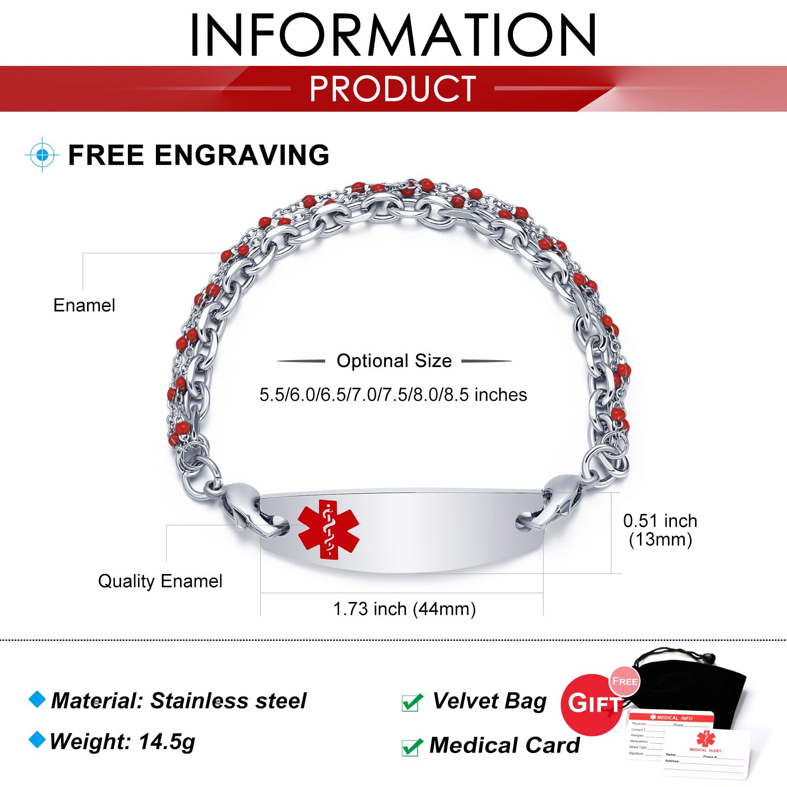 Custom Engraved Medical Alert Bracelet for Women - 3-Layer Stainless Steel Chain, Adjustable 5.5-8.5 Inches - Free Personalization for Emergency ID - Perfect for Daily Wear, Travel & Health Safety