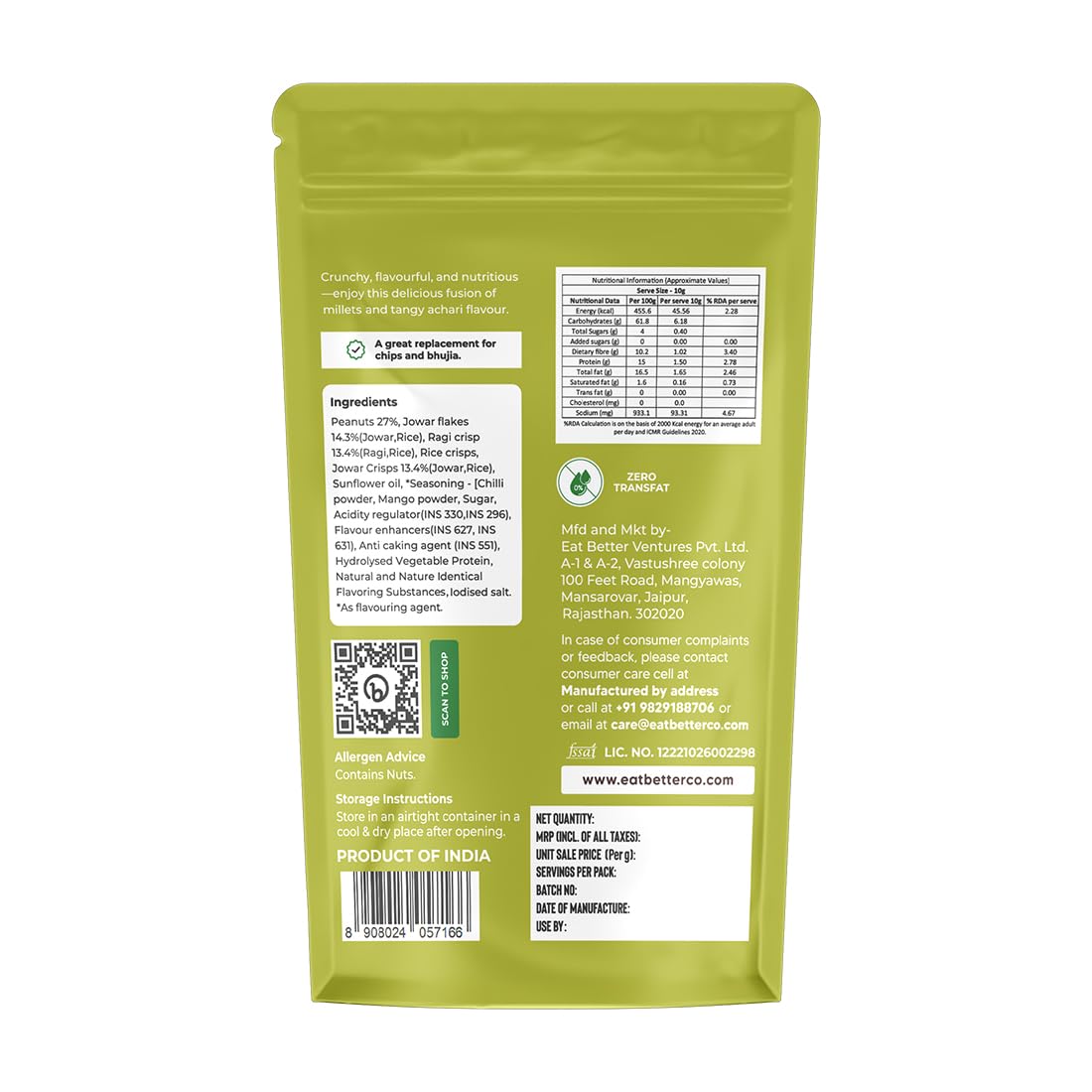 Eat Better Co – Millet Namkeen – Mango Achari – Spicy & Healthy Indian Snacks – Roasted, Not Fried | No Palm Oil | Gluten-Free Alternative to Chips & Bhujia – 2 Pack (200g) – Perfect for Office Snacks, Travel & Healthy Munching
