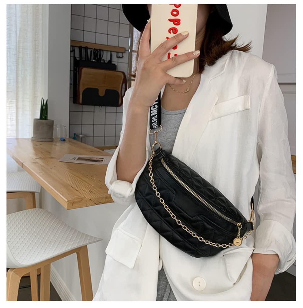 Quilted PU Leather Fanny Pack for Women - Crossbody Waist Bag, Fashion Chest Bag, Casual Belt Purse (Black) - Perfect for Travel, Running, Hiking & Everyday Use