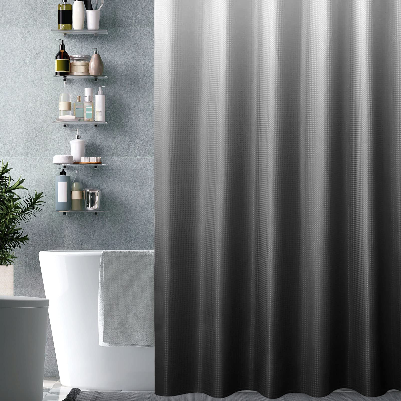 Gibelle Small Stall Shower Curtain 36 x 72 Inches - Narrow Half Black Ombre Bathroom Shower Curtain with Hooks | Waffle Weave Fabric, Water Repellent & Machine Washable | Perfect for Small Bathrooms, Apartments & RVs