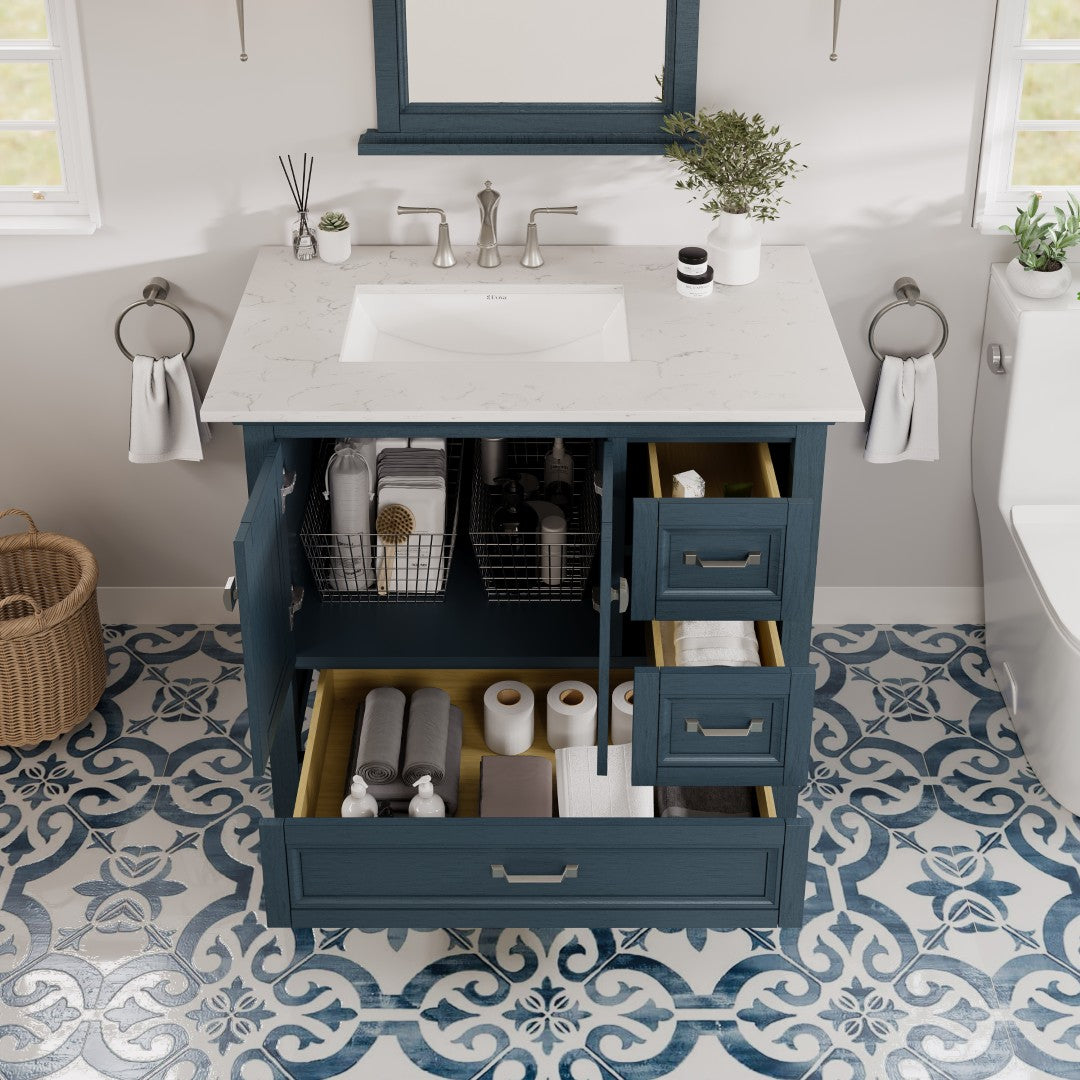 Britney 36 Inch Ash Blue Bathroom Vanity Set with Carrara Quartz Countertop & Undermount Porcelain Sink - Modern Single Sink Vanity for Small Bathrooms & Powder Rooms