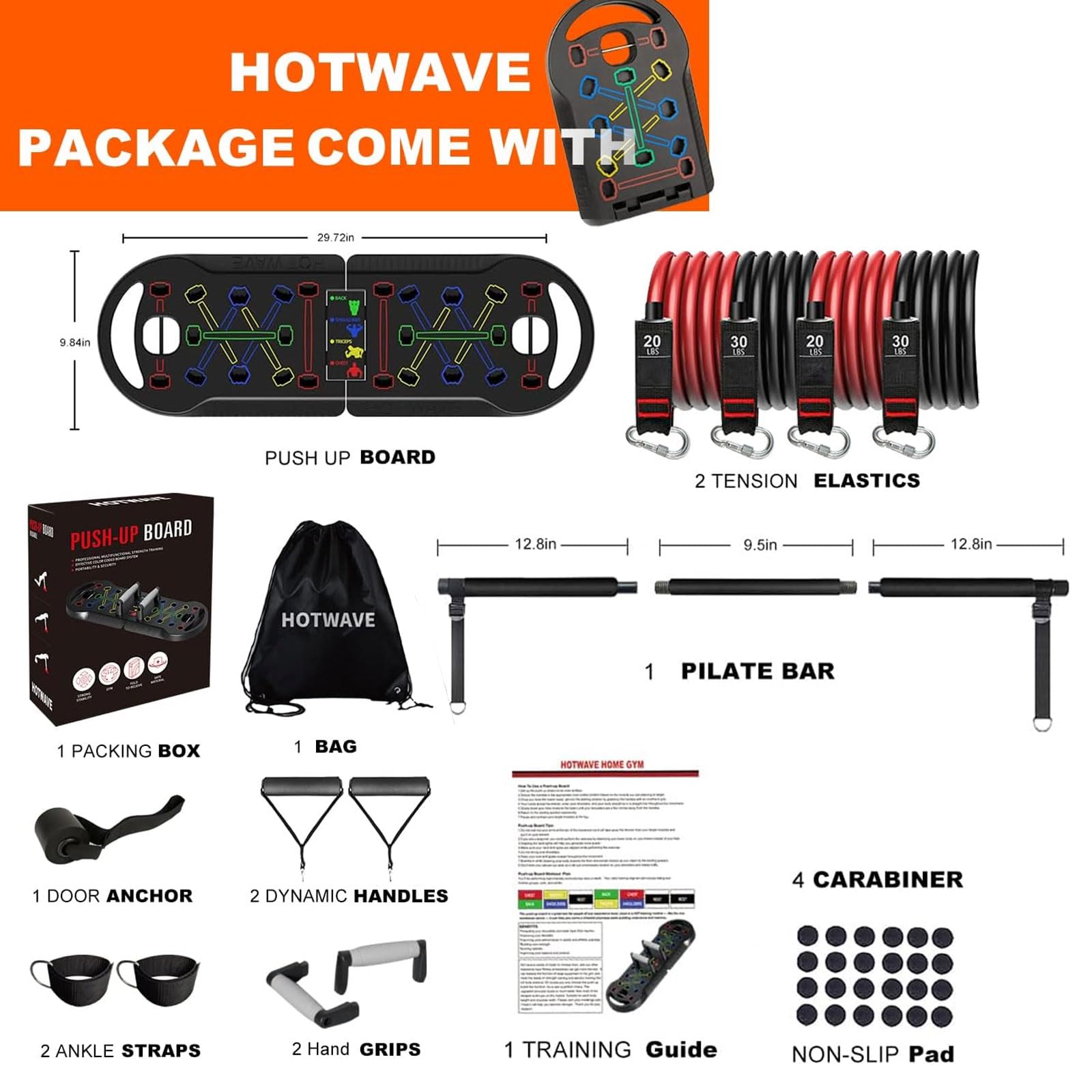 Hotwave 20-in-1 Portable Home Gym Set with Push Up Board, Resistance Bands & Ab Roller Wheel - 16 Fitness Accessories for Full Body Workout - Perfect for Home Exercise, Travel & Small Space Workouts