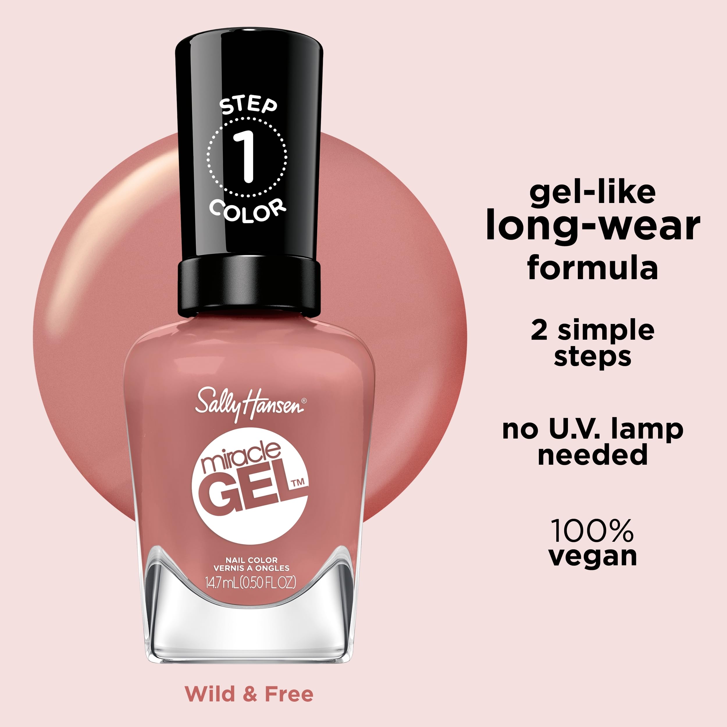 Sally Hansen Miracle Gel Nail Polish - Wild & Free Long Lasting Gel-Like Formula, No UV Lamp Needed, Vibrant Pink Nail Color for Women | Perfect for Manicures, Pedicures & Everyday Wear
