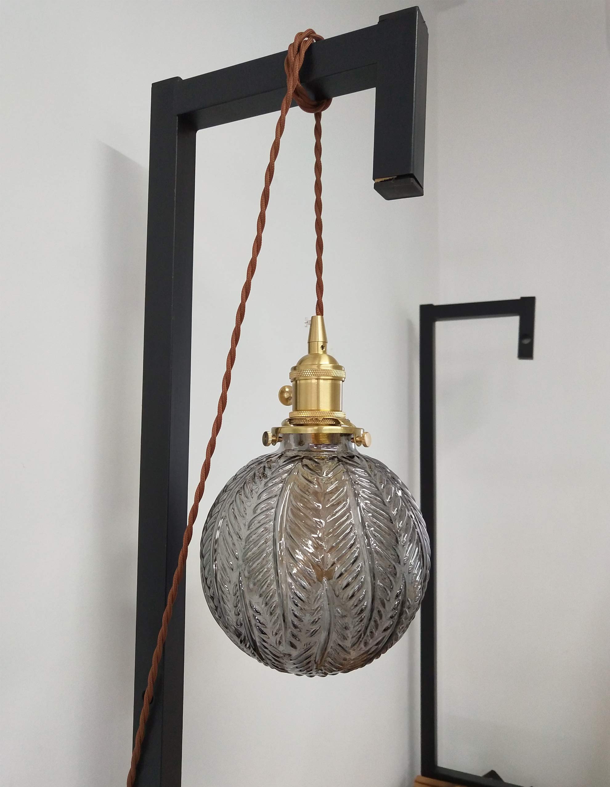 Plug-in Hanging Swag Lamp with 15ft Brown Braided Cord - No Wiring Needed Pendant Light with UL Certified On/Off Dimmer Switch, Smokey Grey Glass Globe Shade & Copper Holder - Perfect for Bedroom, Living Room, Dining Room, and Cafe Decor
