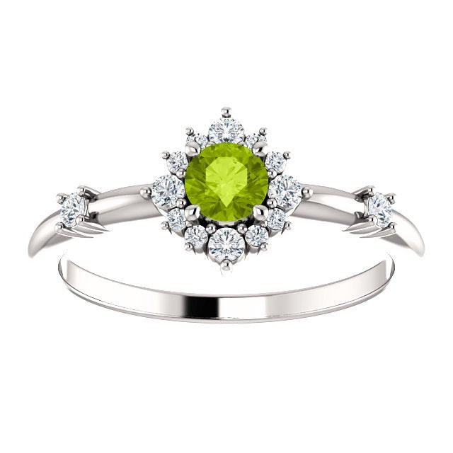 14KT Gold Peridot and Diamond Halo Ring - 0.30CT Peridot with 0.16CTW Diamond Accents - Elegant Engagement, Wedding, or Anniversary Jewelry Gift