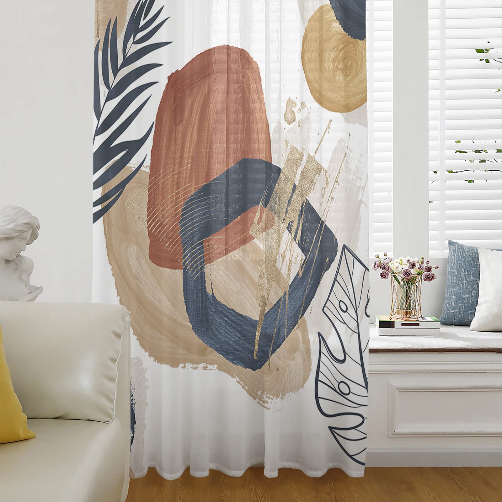 Boho Geometric Window Curtains 108 Inches Long - Modern Abstract Leaf Design Mid-Century Semi-Sheer Rod Pocket Chiffon Drapes for Living Room, Bedroom & Kitchen | Light Filtering Voile Panels Perfect for Boho Chic Home Decor & Sun Protection