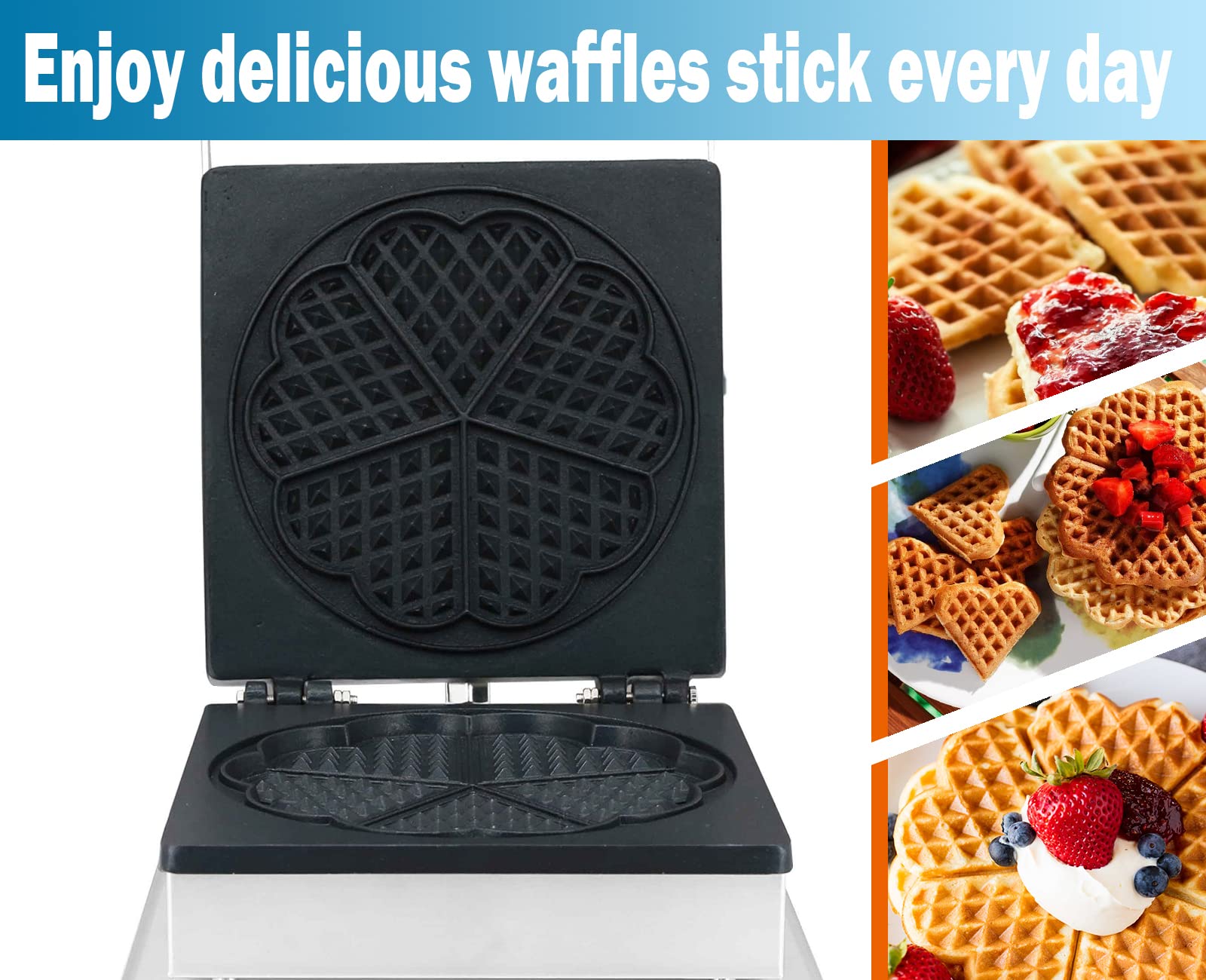 Belgian Commercial 5-Heart Flower Waffle Maker - 1500W Non-Stick Waffle Iron with Cool-Touch Handle (110V) - Perfect for Bakeries, Restaurants, Snack Bars & Home Breakfasts