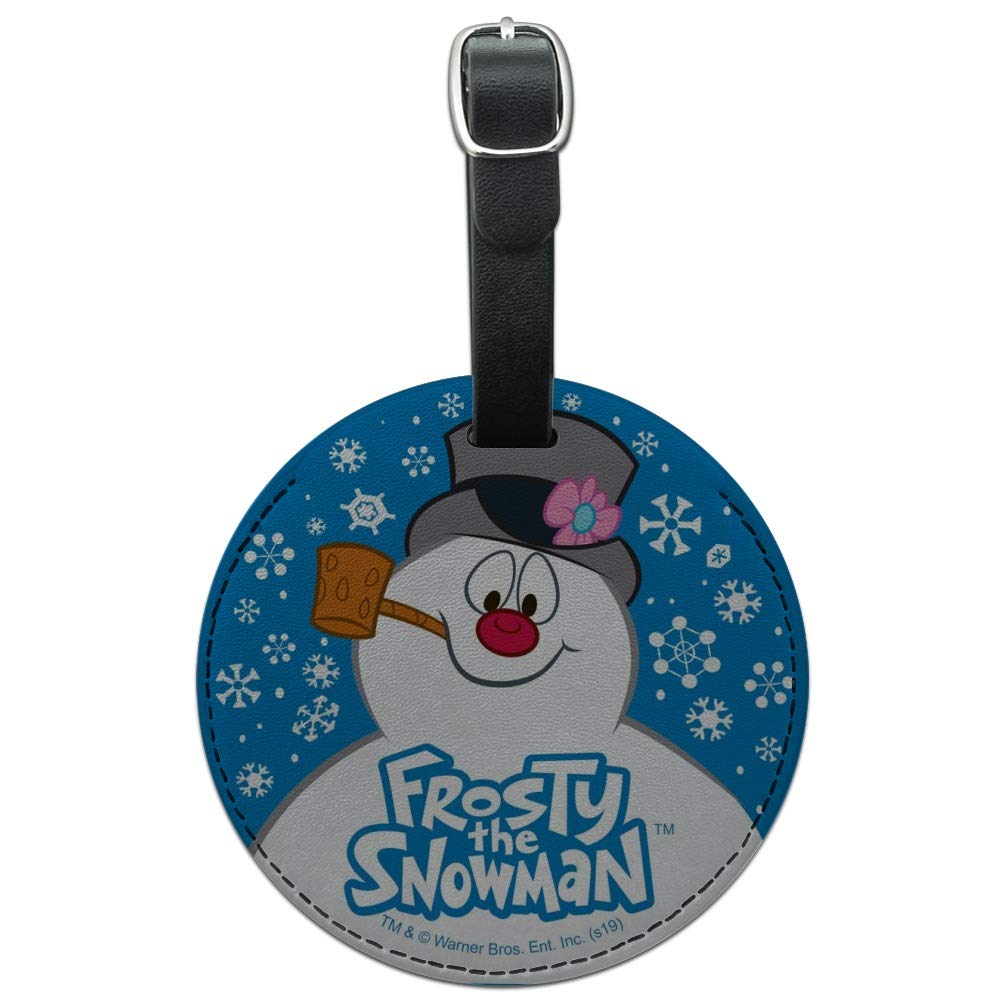Frosty The Snowman Snowing Round Leather Luggage Tag - Durable Carry-On ID Tag for Suitcases & Travel Bags - Perfect for Airports, Vacations & Holiday Travel Gifts