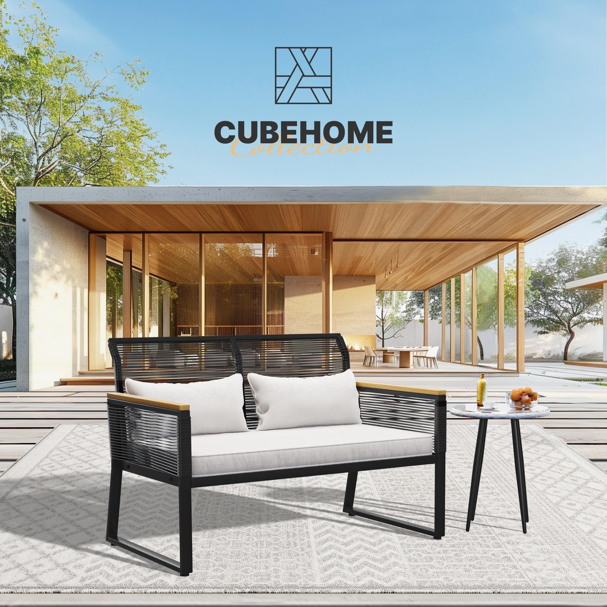 YITAHOME All-Weather Wicker Patio Loveseat with Wooden Armrest & Soft Cushion - Outdoor Furniture for Backyard, Balcony, Deck - Perfect for Relaxing, Entertaining & Lounging (Black)