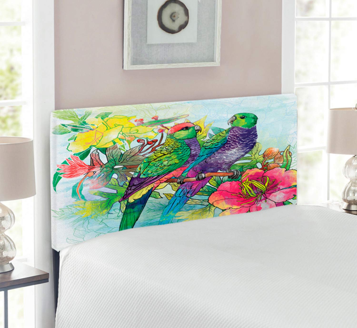 Ambesonne Parrot Headboard - Faded Flowers & Love Parrots Botanical Floral Design with Romantic Orchid Wings, Boho Style Upholstered Metal Bed Headboard with Memory Foam, Twin Size, Multicolor - Perfect for Bohemian Bedrooms, Guest Rooms & Kids' Rooms