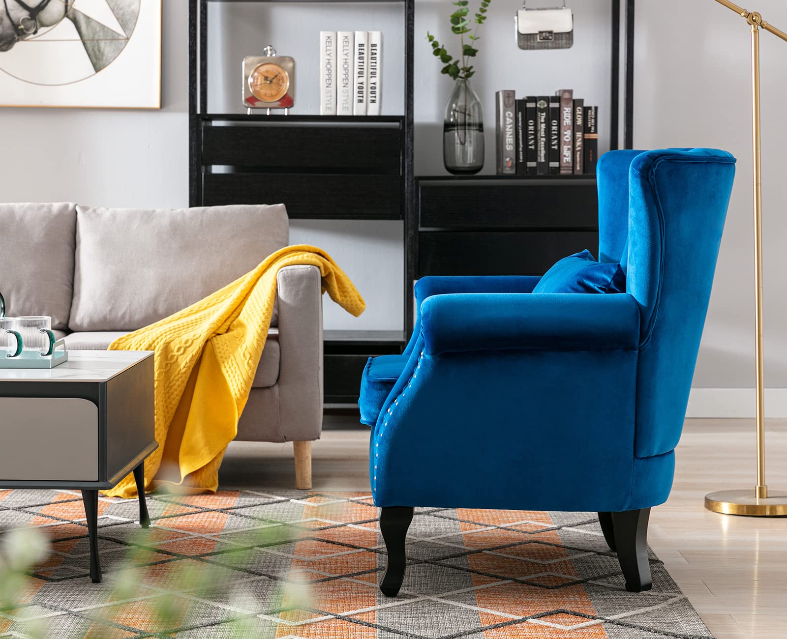 Kmax Blue Velvet Wingback Accent Chair with Pillow - Nail-Head Channel Tufted Oversized Club Chair for Living Room, Bedroom & Guest Room - Perfect for Reading Nook, Home Office & Lounge Areas
