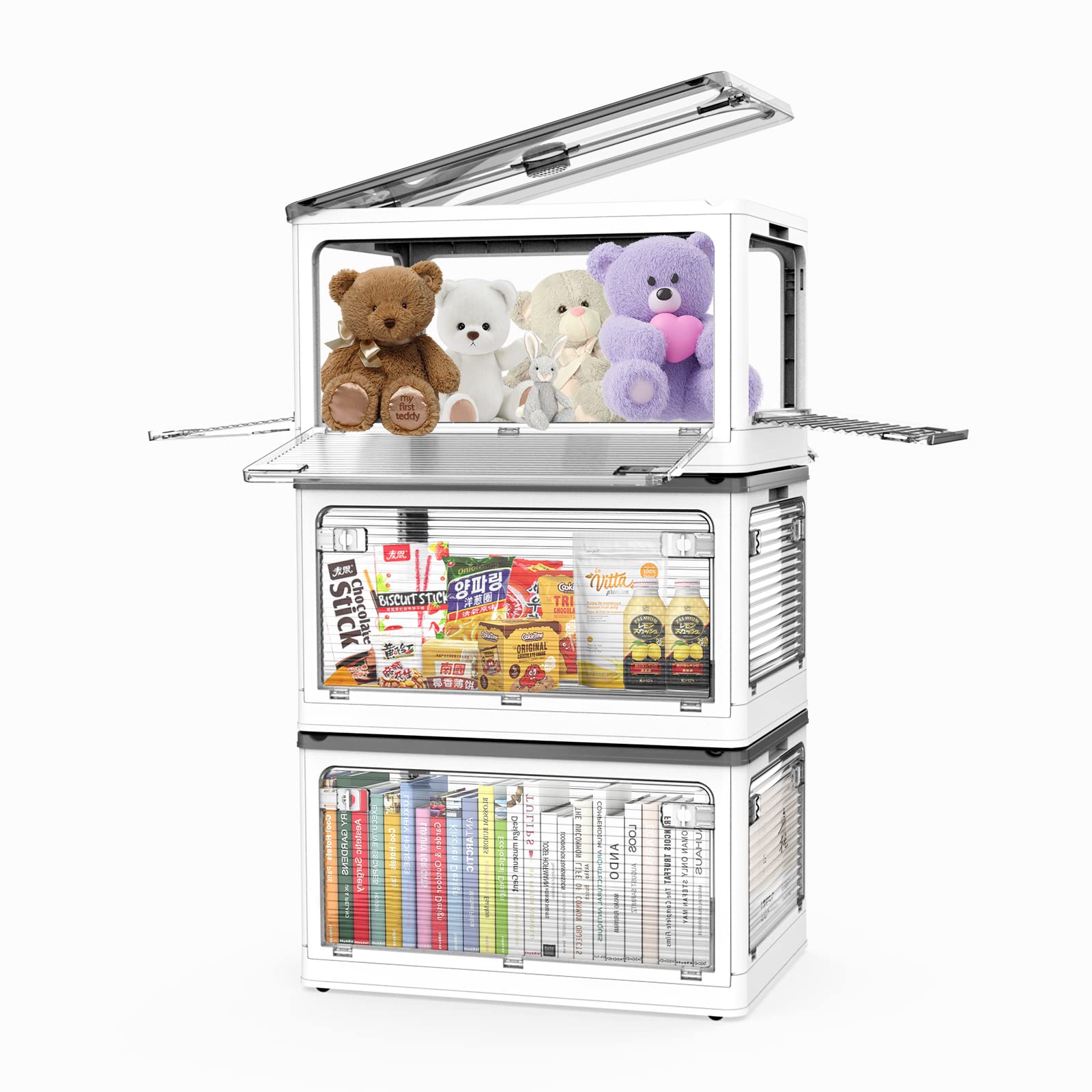 3 Pack Stackable Storage Bins - 8 Gallon Collapsible Storage Containers with 5 Opening Ways & Lids - Foldable Storage Boxes for Clothes, Toys, Books - Space Saving Organizers for Closet, Nursery, Office (White)
