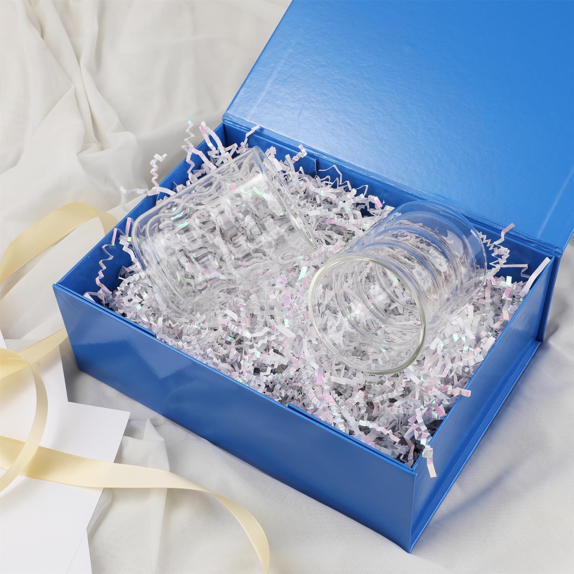 Elegant Blue Gift Box with Lid - 10x7.3x3.5 Inch Wedding, Birthday & Graduation Present Box Set Includes Ribbon & DIY Stickers - Perfect for Bridesmaid Proposals, Anniversary Gifts & Special Occasions