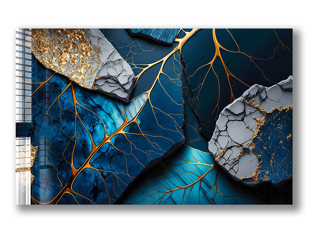 Golden Veined Blue Abstract II Wall Art - Modern Canvas Painting for Living Room, Bedroom & Office Decor