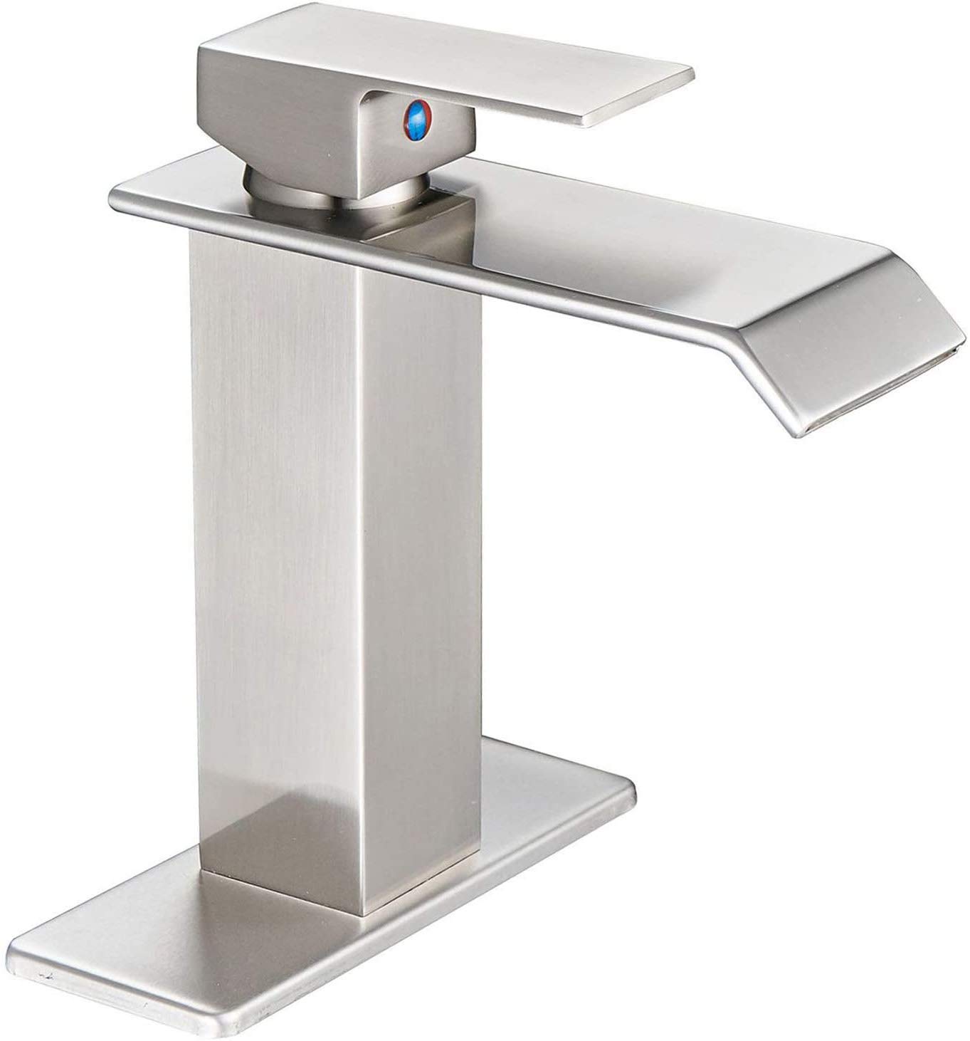 BATHLAVISH Waterfall Bathroom Sink Faucet - Brushed Nickel Single Hole Vanity Faucet with 6-Inch Deck Plate & Supply Lines - Modern Deck Mounted Bathroom Faucet for Powder Room, Guest Bath & Master Bath