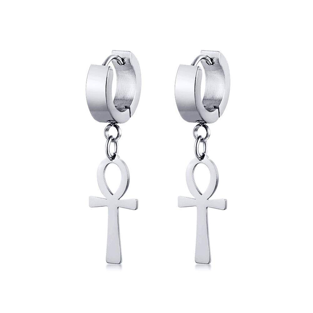 Egyptian Cleopatra Ankh Cross Dangle Hoop Earrings - Stainless Steel Tassel Chain Clip-On Jewelry for Men & Women | Silver Fashion Accessories for Parties, Weddings & Everyday Wear