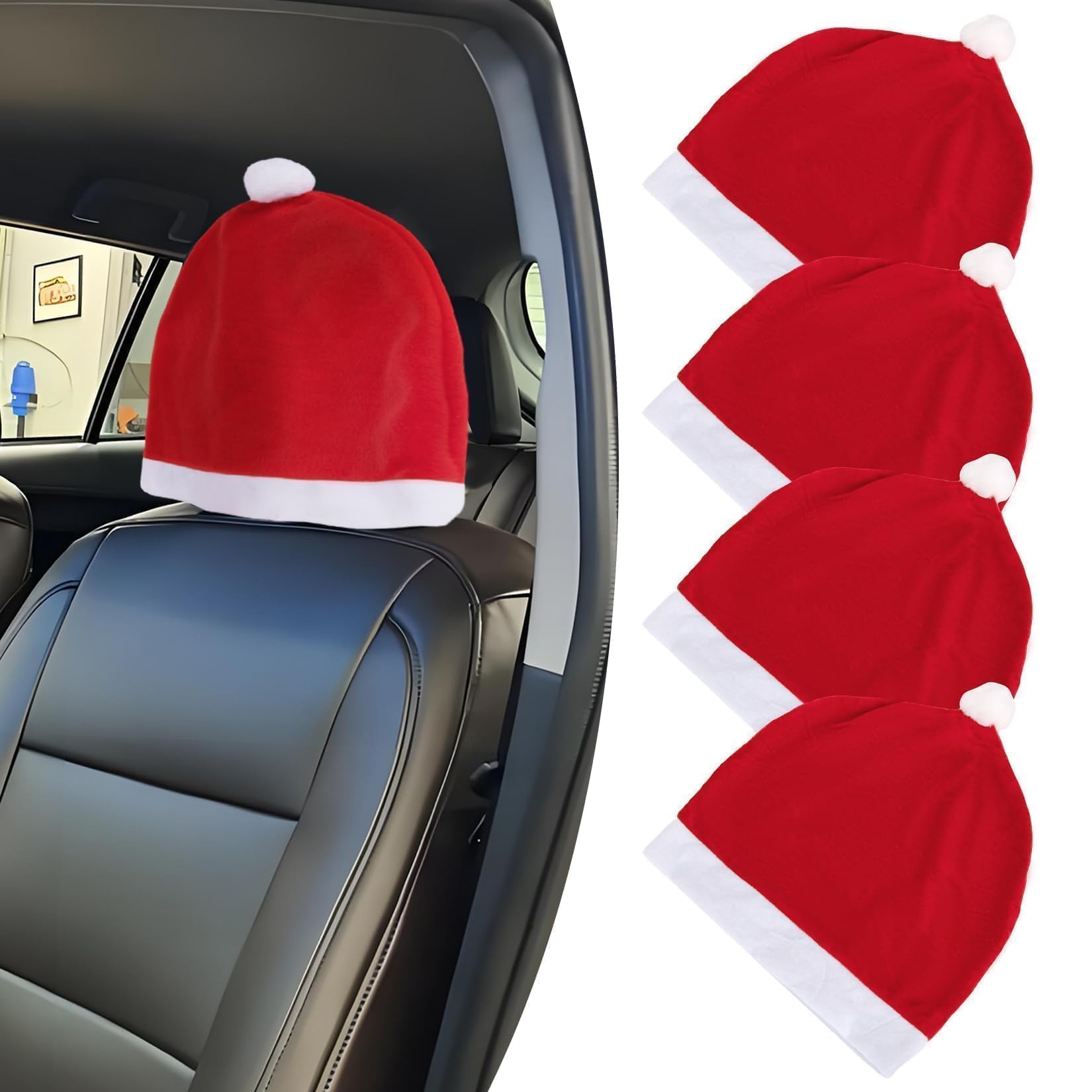4PCS Universal Santa Claus Hat Car Headrest Covers - Festive Christmas Car Decoration for Holiday Parties, New Year Celebrations, and Seasonal Car Accessories