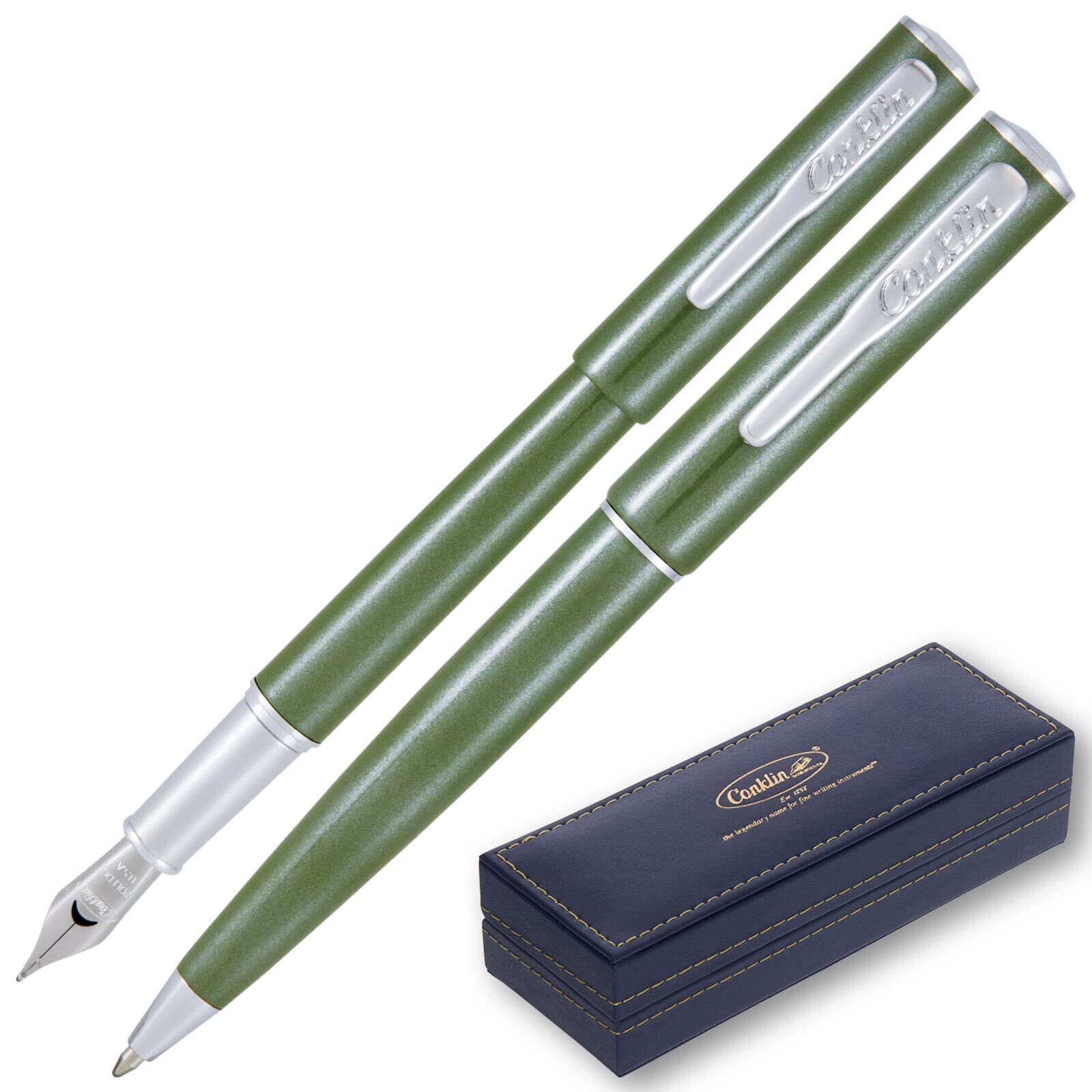 Conklin Coronet Ballpoint & Fountain Pen Set - Olive Green Medium Tip for Professional Writing, Office Use & Gift Giving