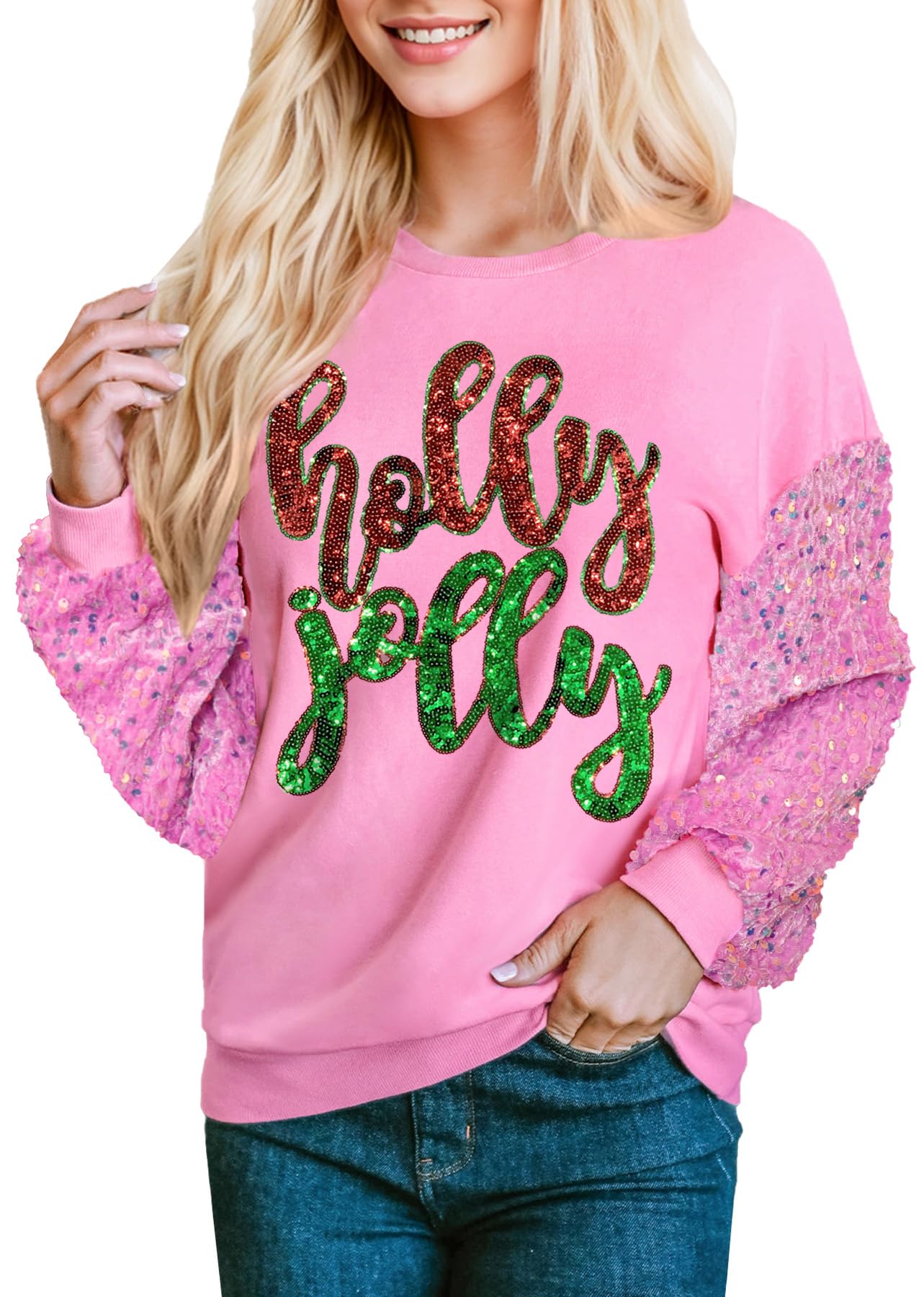 Women's Christmas Long Sleeve Sequin Fleece Graphic Sweatshirt - Funny Ugly Holiday Shirt for G and PL - Perfect for Casual Wear, Christmas Parties & Festive Gatherings