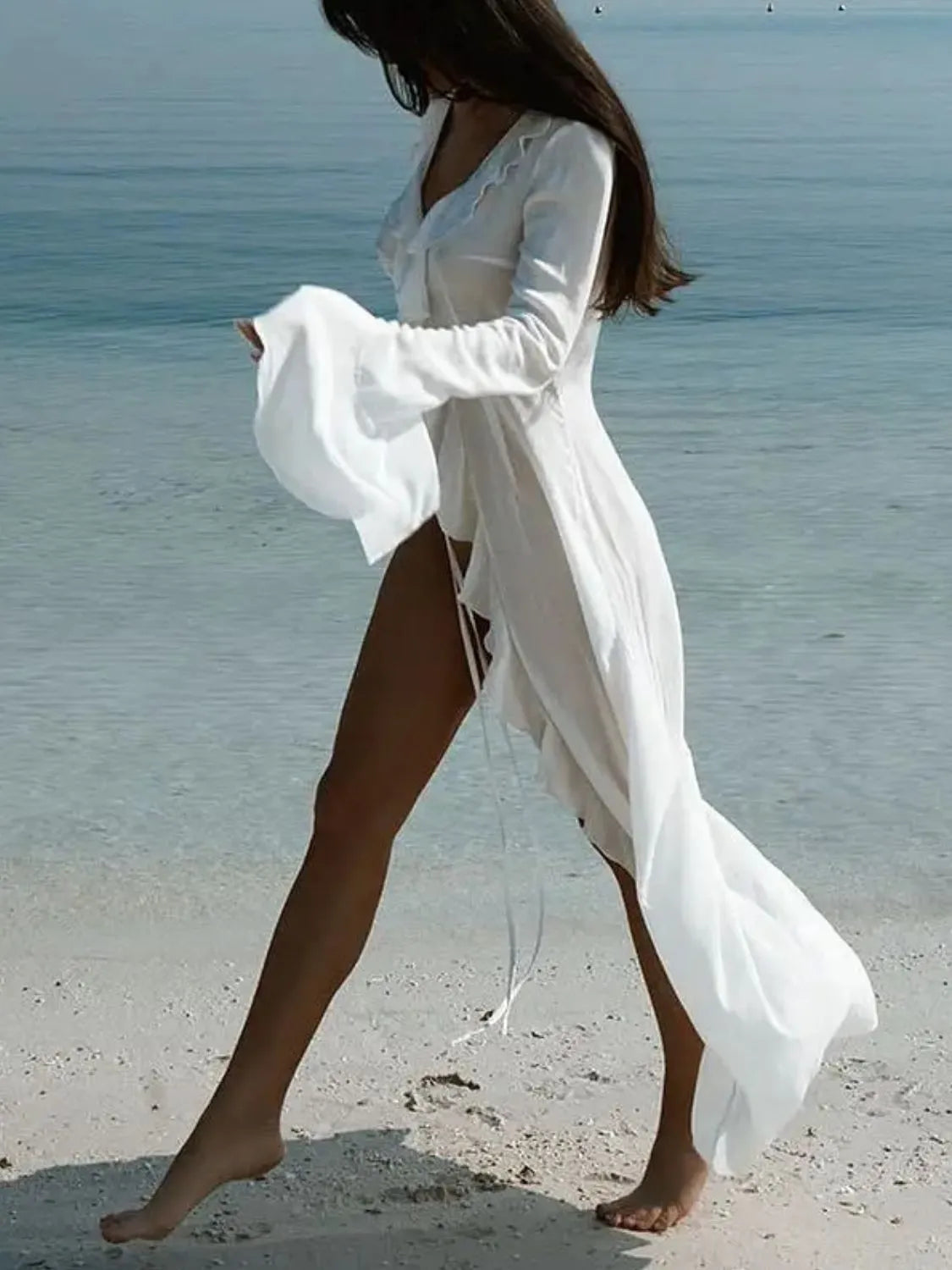 Elegant Ruffled Long Sleeve Beach Cover Up Dress - Flowy Summer Swimwear Coverup for Women, Perfect for Poolside, Vacation & Boho Outfits