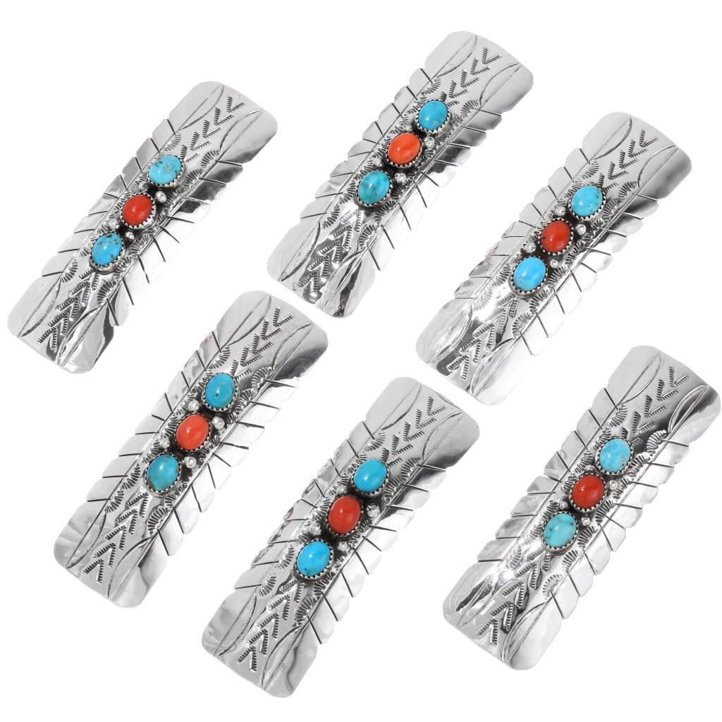 Turquoise Coral Hair Barrette - Navajo Style Hammered Silver Spring Clip Hair Accessory for Women | Perfect for Weddings, Parties & Everyday Wear (Style 0205)