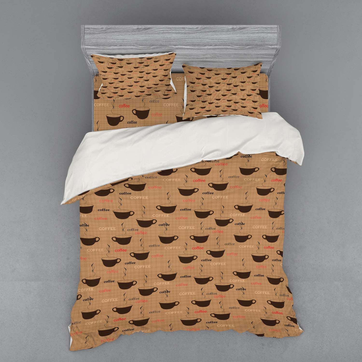 Ambesonne Coffee Themed Duvet Cover Set - 4 Piece Bedding Set with Shams & Fitted Sheet - Queen Size Chocolate Brown - Coffee Cups & Espresso Design in Earth Tones - Perfect for Coffee Lovers' Bedroom Decor & Gift Ideas