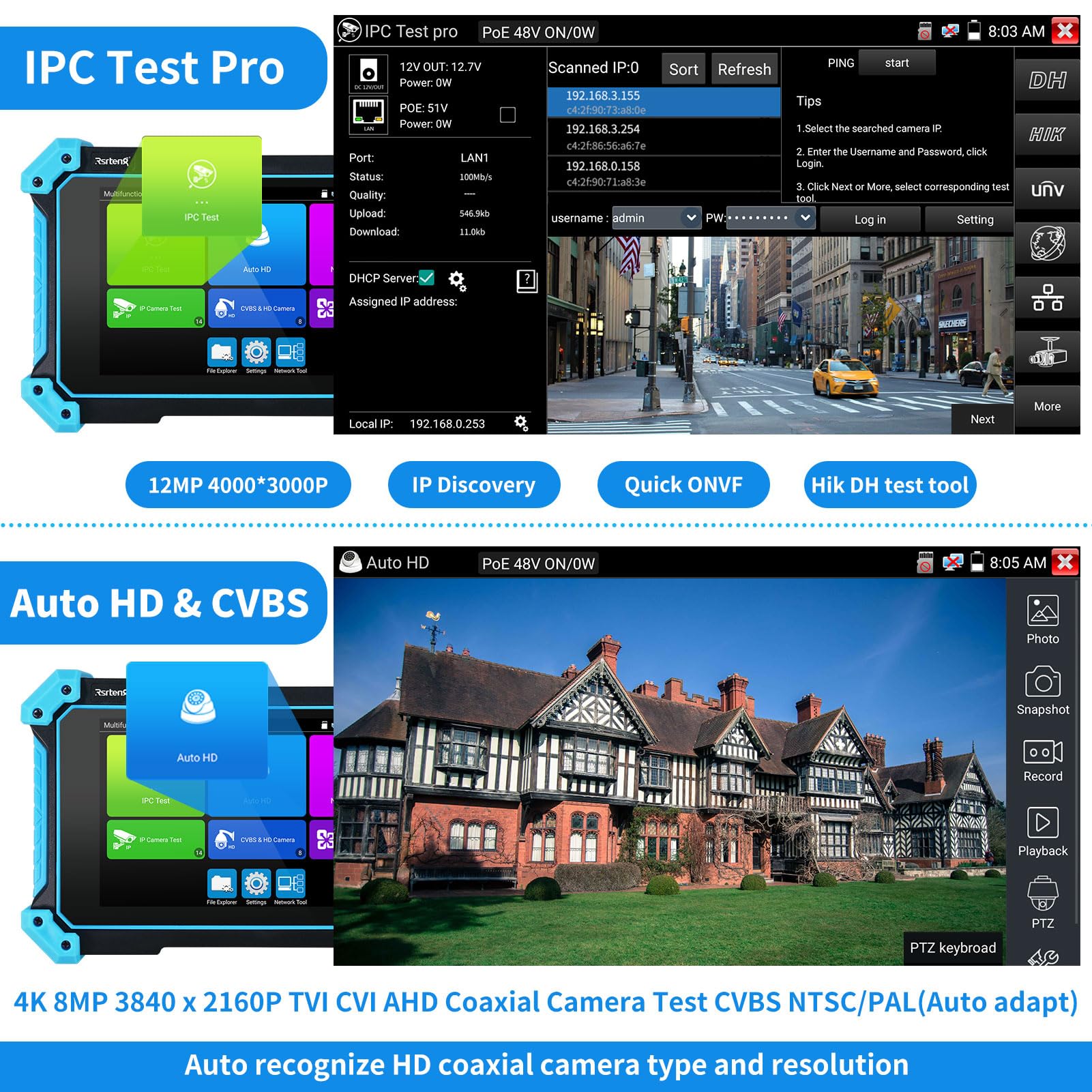 Rsrteng IPC-5100 Plus 8MP IP Camera Tester - 5inch IPS Touch Screen Monitor with 4K HD Display, Supports AHD/CVI/TVI/CVBS/IP/POE/PTZ/WiFi/RS485/HDMI/VGA/DC12V - Perfect for CCTV Installation & Security Camera Maintenance