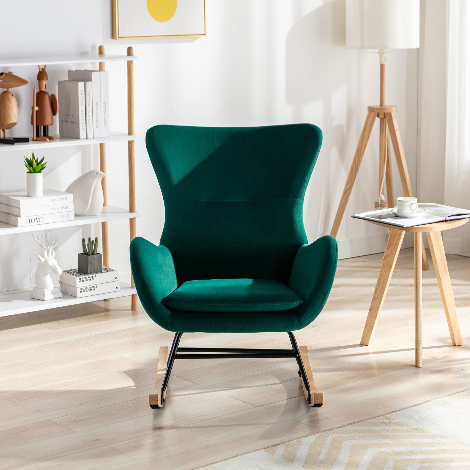 Velvet Fabric Rocking Chair with Padded Seat & High Backrest - Comfortable Nursery Rocker for Living Room, Bedroom & Balcony - Perfect for Adults & Kids (Relaxing, Reading & Nursing)