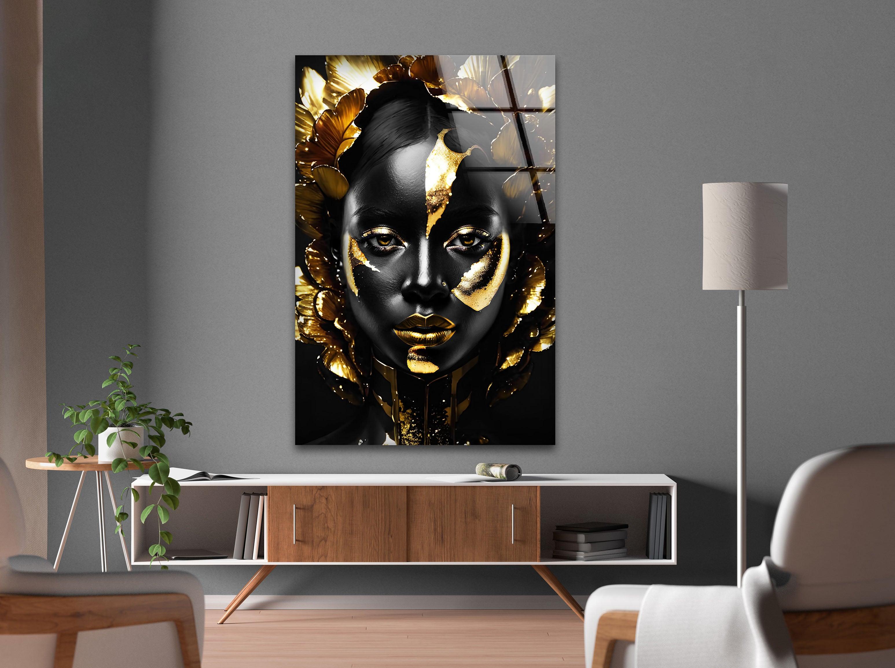 Elegant Black Woman Gold Face Glass Wall Art - Modern Home Decor for Living Room, Bedroom & Office