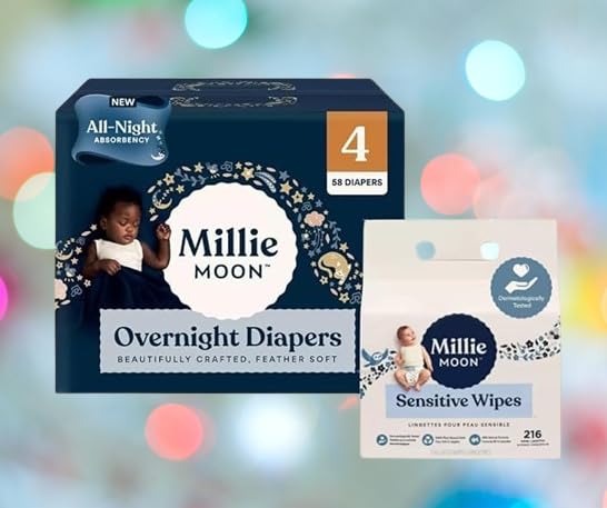 Millie Moon Overnight Diapers Size 4 (58 Count, 2 Pack) with Sensitive Baby Wipes (216 Count) - Ultra Absorbent for Leak Protection, Soft & Hypoallergenic for Sensitive Skin - Perfect for Overnight Use & Long Trips