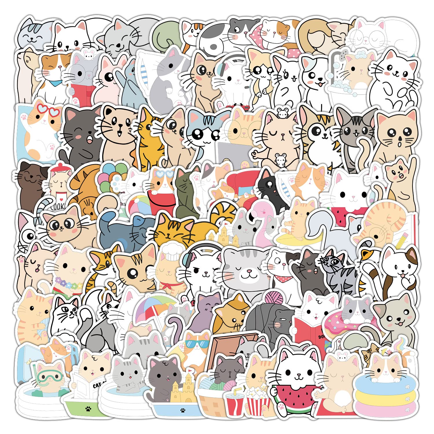 100 Pcs Cute Cat Stickers - Waterproof Vinyl Decals for Water Bottles, Laptops, Journals | Aesthetic Kitten Stickers for Kids, Adults, Girls & Women | Perfect for DIY Crafts, Scrapbooking & Personalizing Belongings
