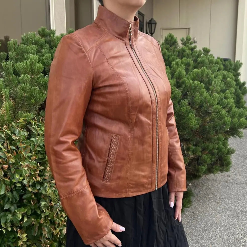 Classic Women's Lamb Leather Zip Jacket with Woven Pocket Design - Stylish Outerwear for Fall & Winter | Perfect for Casual Outings, Office Wear & Date Nights