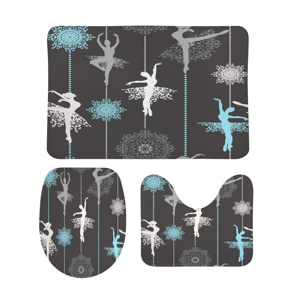 Non-Slip 3-Piece Bathroom Rug Set - Soft Coral Fleece Contour Toilet Mat & Shower Mats, Retro Ballerina Snowflake Design for Bathroom Decor, Cozy & Safe for Kids & Elderly