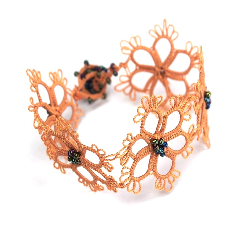 Handmade Silk Crochet Gerbera Daisy Bracelet - Apricot Color - Boho Chic Jewelry for Women - Perfect for Weddings, Parties & Everyday Wear