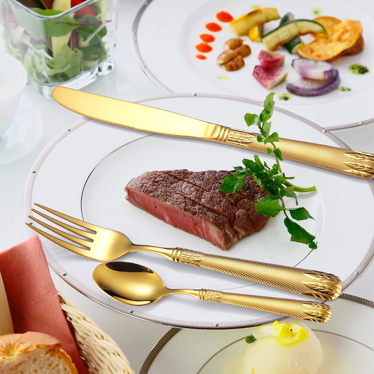 Premium 48-Piece Matte Gold Flatware Set - 18/10 Stainless Steel Cutlery for 12 People - Elegant Satin Polish & Dishwasher Safe - Perfect for Dinner Parties, Weddings & Upscale Dining (Gold)